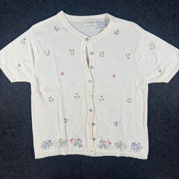 Jaclyn Smith Sweaters - Jaclyn Smith Cardigan Womens M Ivory Floral Embroidered Short Sleeve Vintage